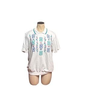 Alfred Dunner White Polo Shirt Men's Medium Floral Green & Blue Unisex Style